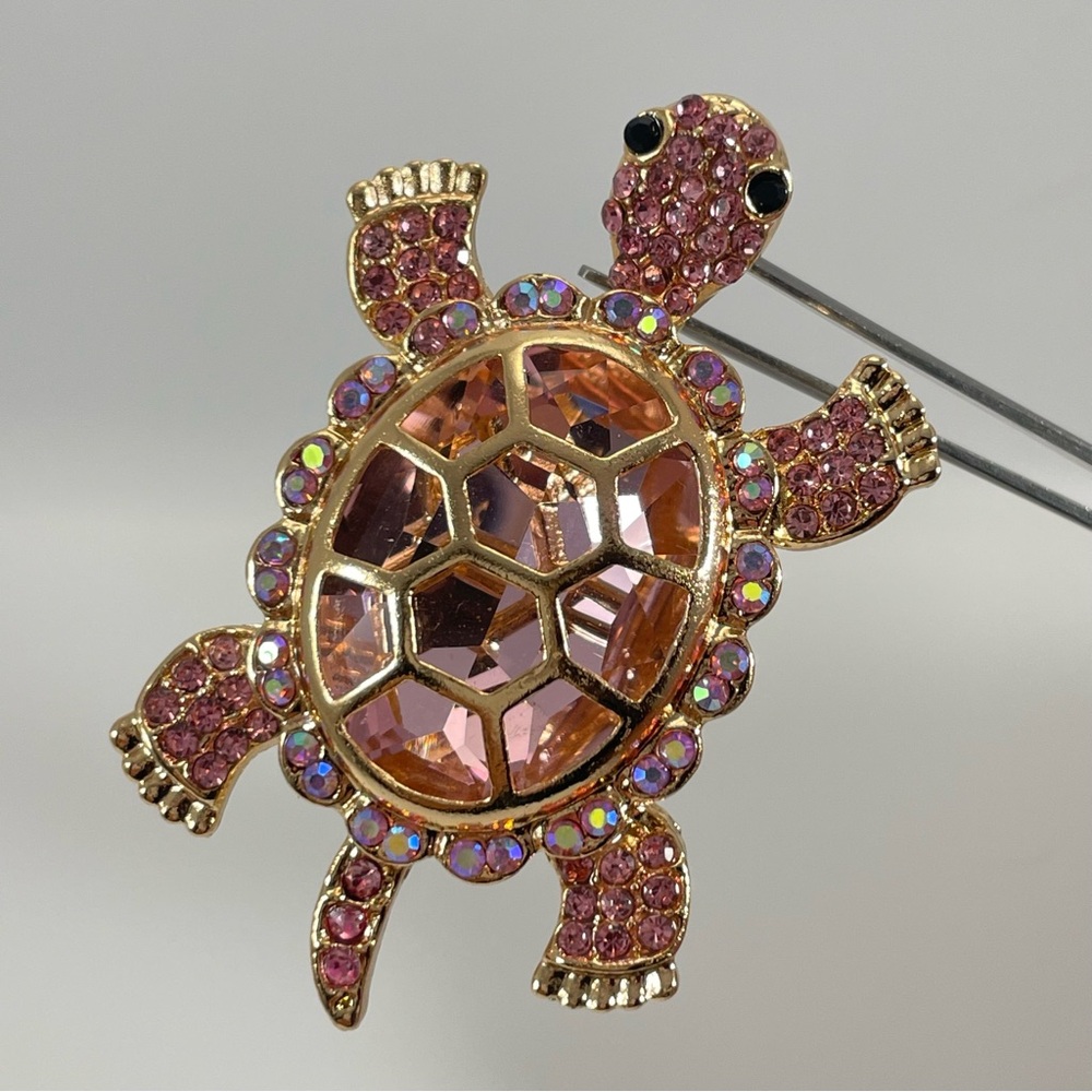 Gold Tone Pink Rhinestone Jelly Belly Turtle Brooch Pin Vintage Look Statement